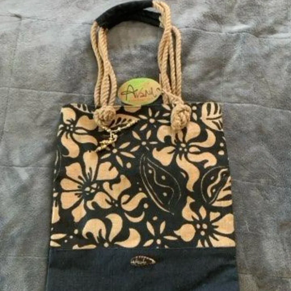 Avani Black Beige Sun N Sand Artisan Tropical Floral Roped Tote Bag New